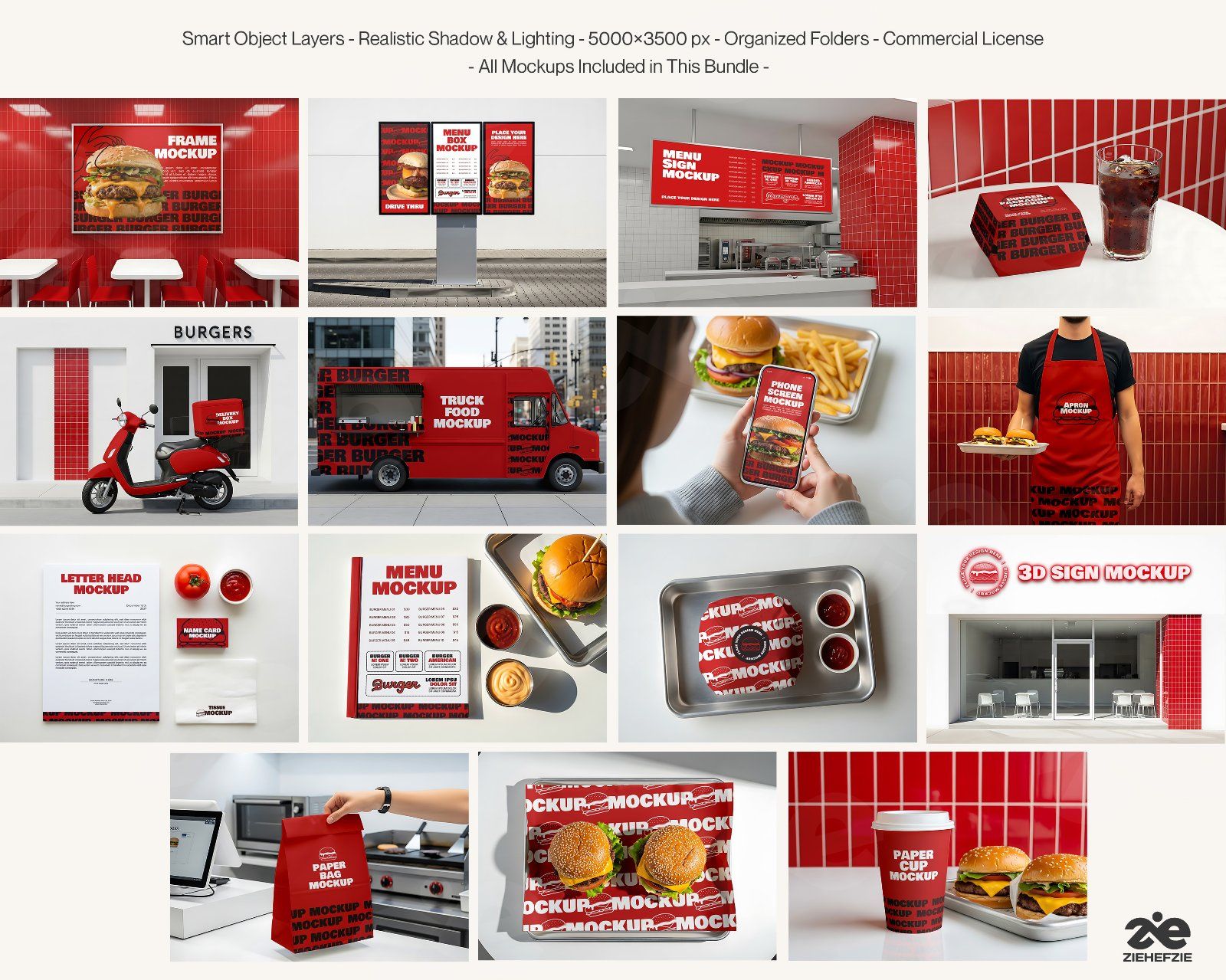 Burger Restaurant Branding Mockup Bundle | 15 Premium PSD Mockups | Fast Food Packaging & Menu Mocku