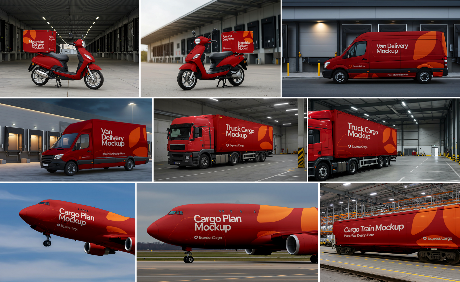 15 Cargo Delivery Mockups – PSD Van, Truck, Plane, Train & Container Branding Kit