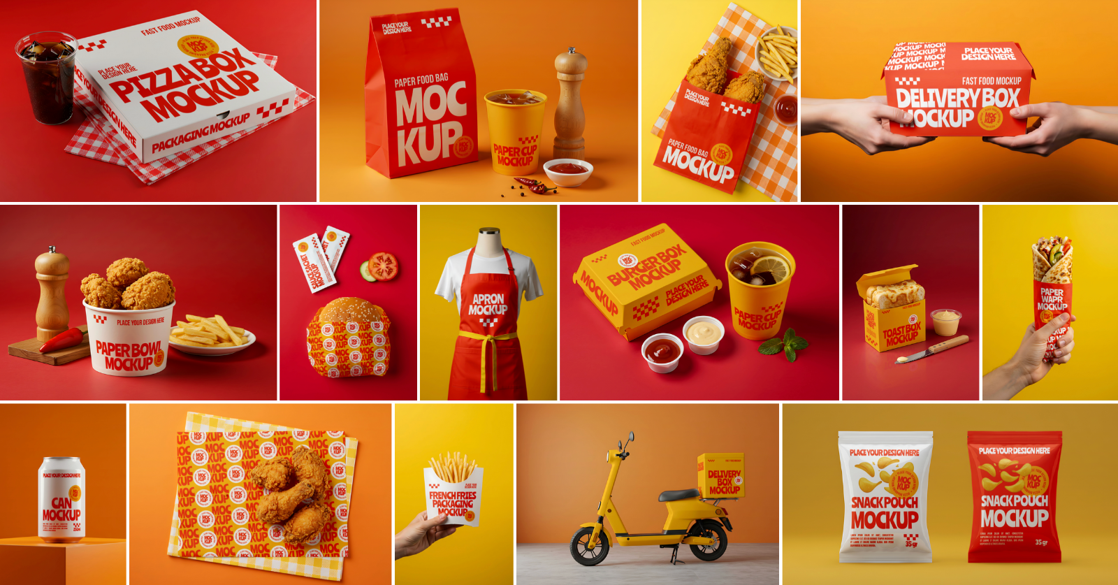 15 Fast Food Packaging Mockups – Burger, Pizza Box, Wrap, Snack Pouch & Delivery Kit
