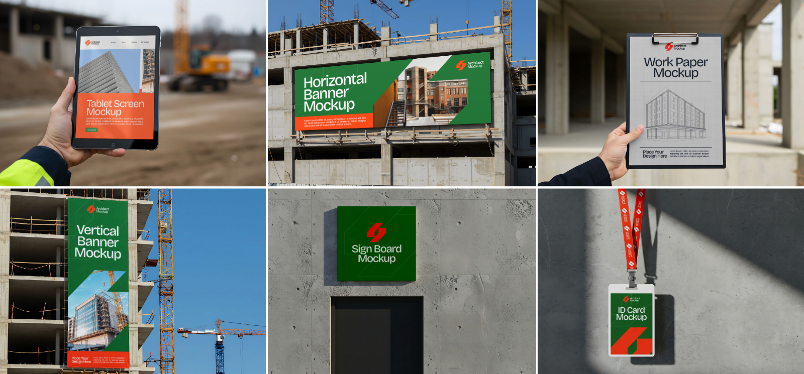 15 Contractor Branding Mockups – PSD Helmet, Sketch Paper, Banner, Uniform & Container Kit