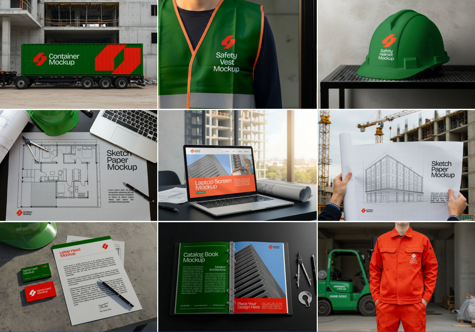 15 Contractor Branding Mockups – PSD Helmet, Sketch Paper, Banner, Uniform & Container Kit