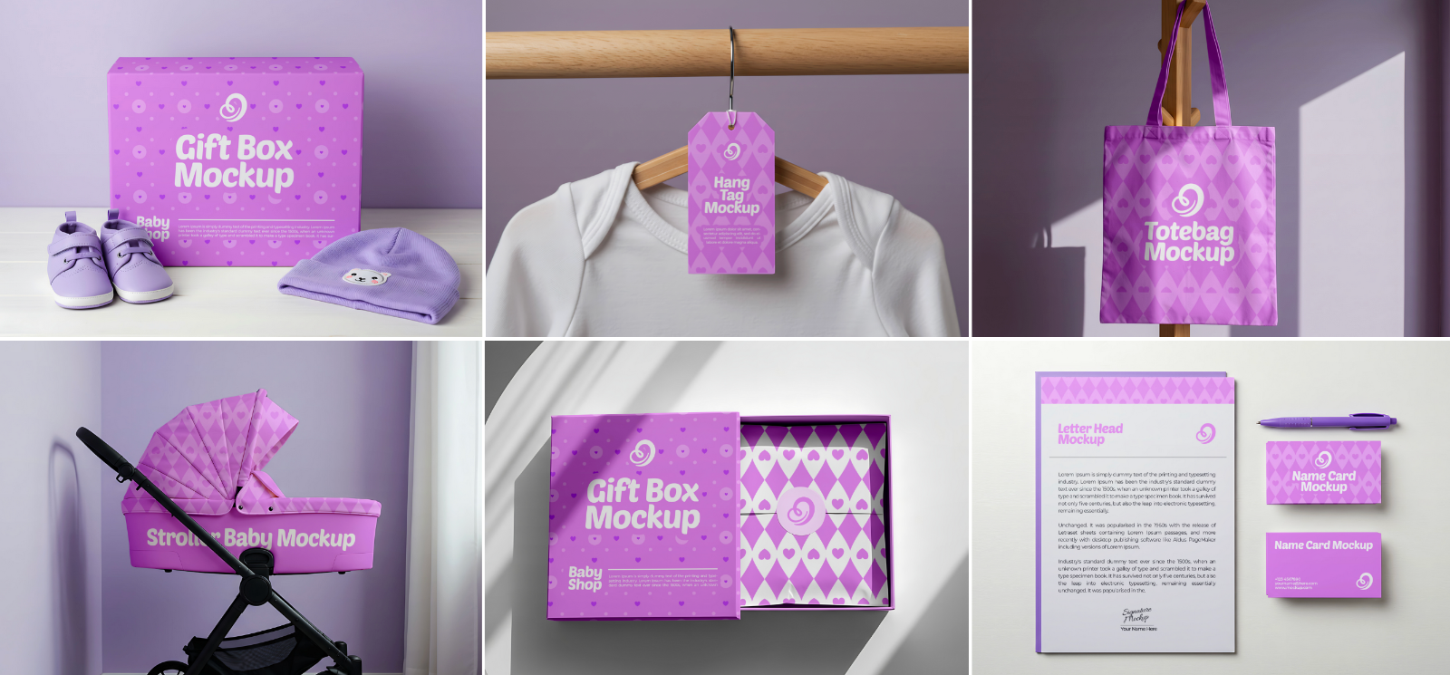 15 Baby Shop Mockups – PSD Onesie, Dress, Gift Box, Sign, Wrapping & Tag Kit