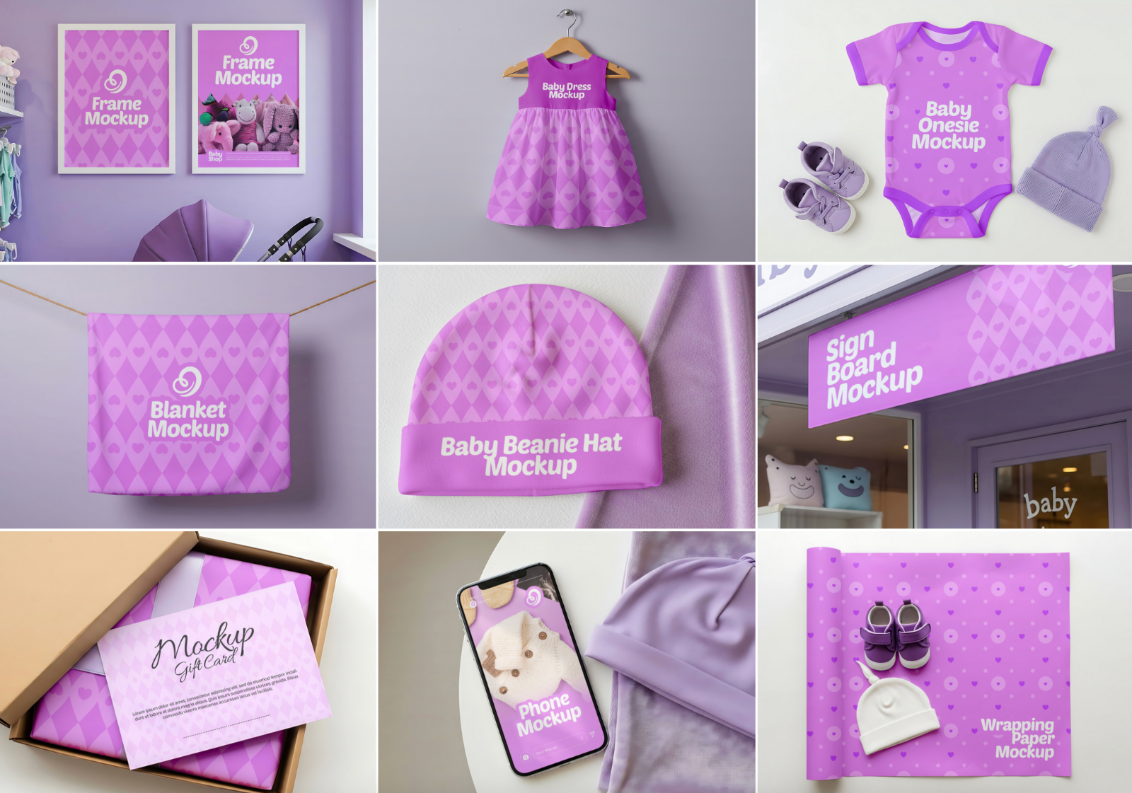 15 Baby Shop Mockups – PSD Onesie, Dress, Gift Box, Sign, Wrapping & Tag Kit