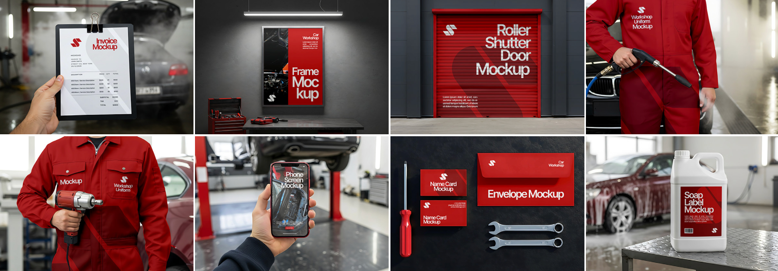 16 Workshop & Car Wash Mockups – PSD Toolbox, Flyer, Uniform, Door, and Product Label Kit