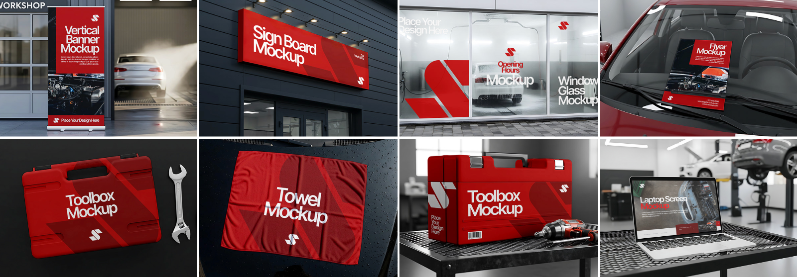 16 Workshop & Car Wash Mockups – PSD Toolbox, Flyer, Uniform, Door, and Product Label Kit