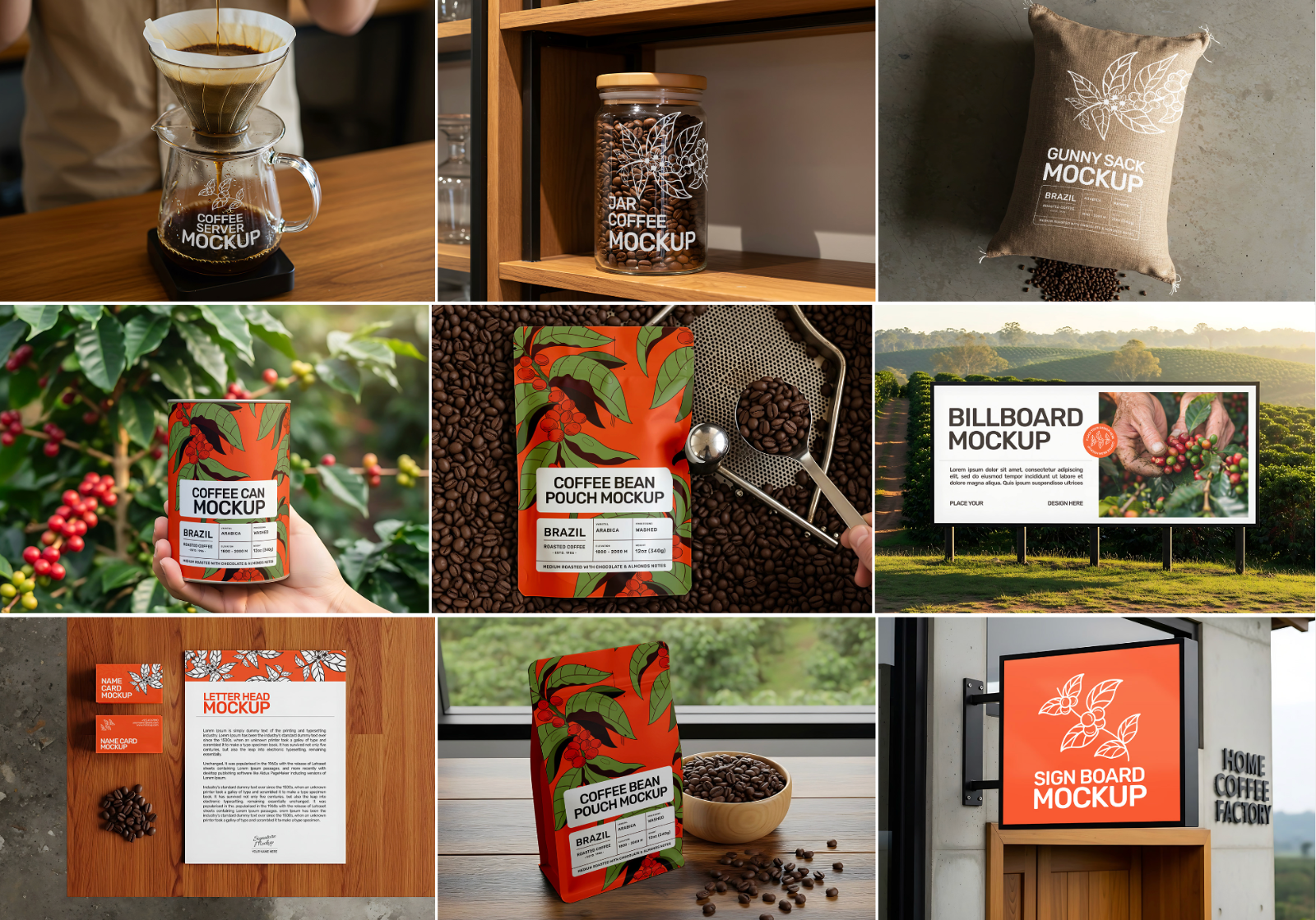 15 Coffee Factory Mockups – PSD Pouch, Can, Sack, Box, Billboard & Farm Branding Kit