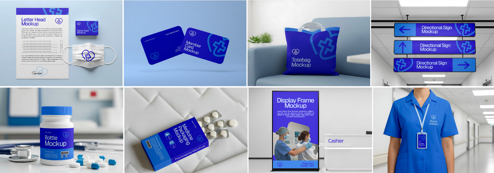16 PSD Hospital Branding Mockup Kit – Ambulance, Nurse Uniform, Signage, Wayfinding & More