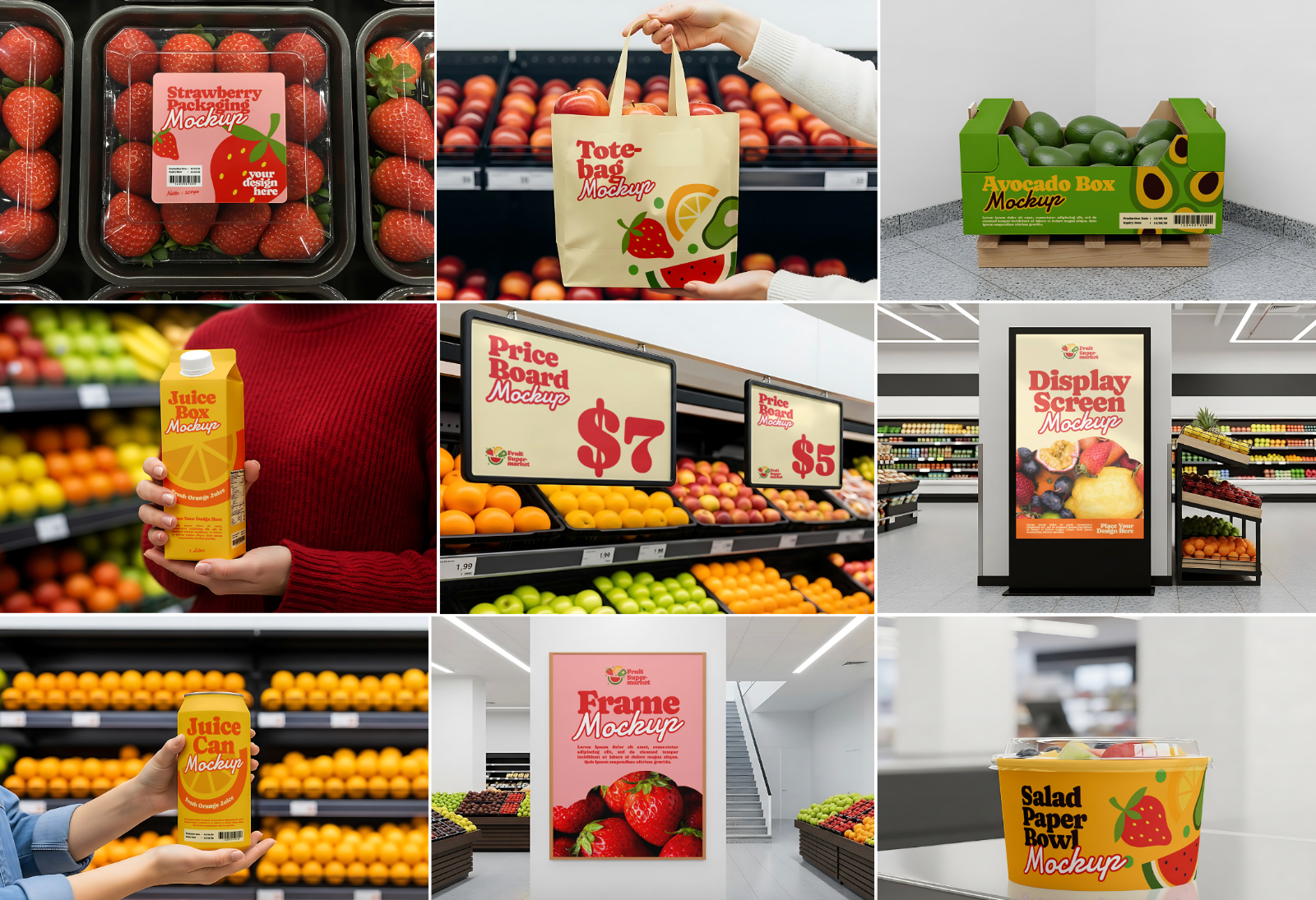 Fruit Market Mockup Kit – Juice Can, Plastic Bag, Price Tag, Cart, Uniform & More