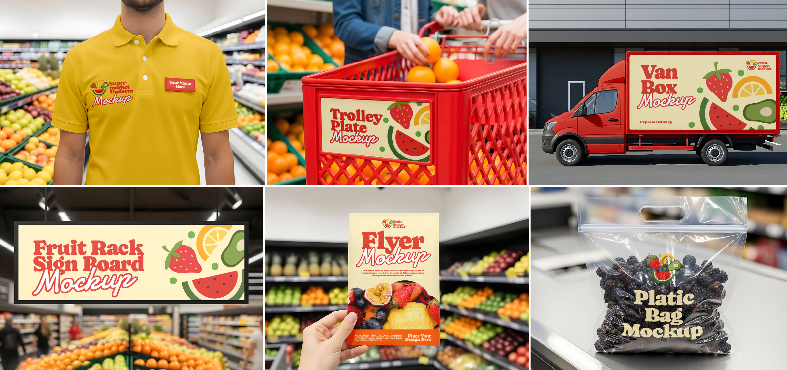 Fruit Market Mockup Kit – Juice Can, Plastic Bag, Price Tag, Cart, Uniform & More