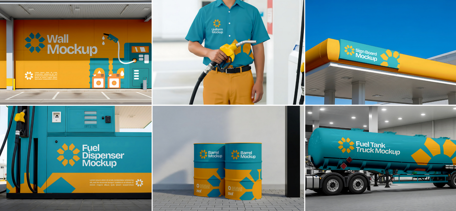 15 PSD Gas Station Branding Mockup Kit – Fuel Dispenser, Truck, Uniform, Billboard Design