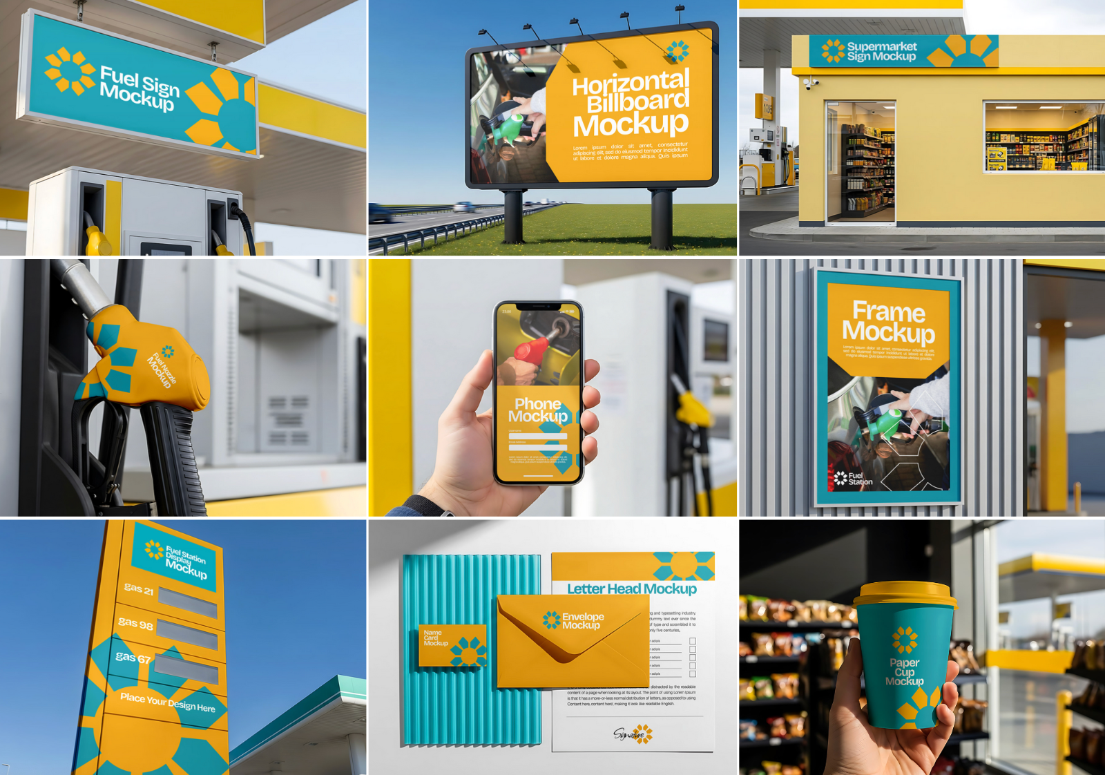 15 PSD Gas Station Branding Mockup Kit – Fuel Dispenser, Truck, Uniform, Billboard Design
