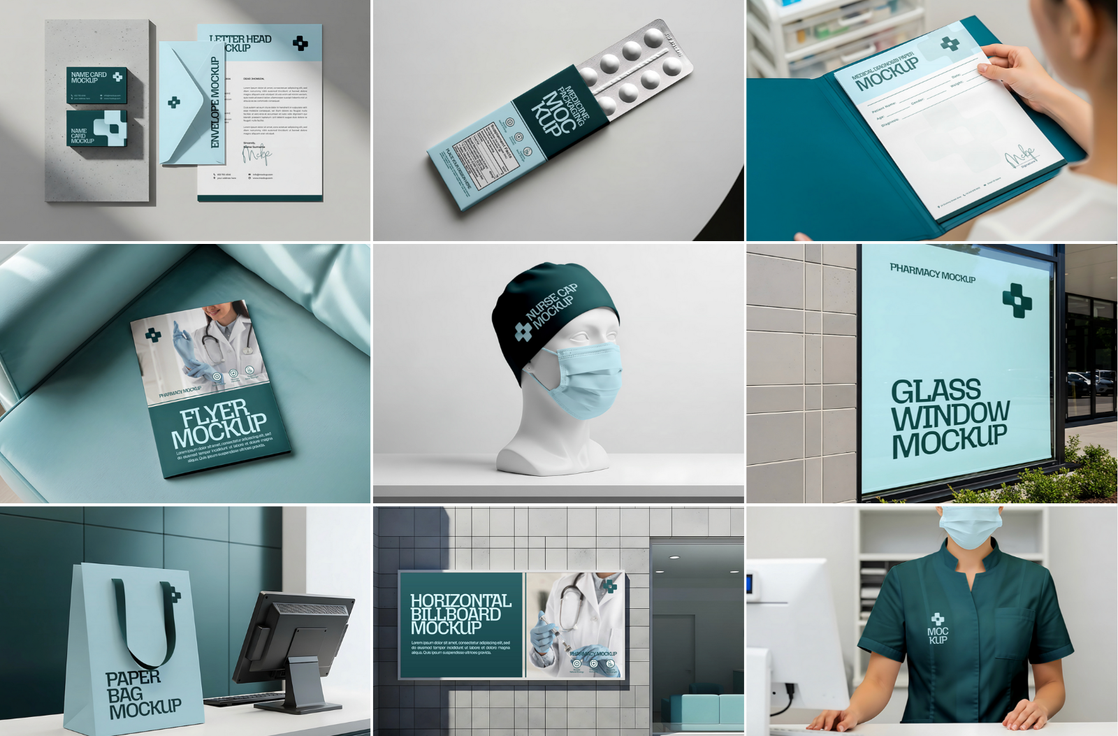 Pharmacy & Medical Branding Mockup Bundle – 16 High Quality PSD Templates for Professional Healthcar