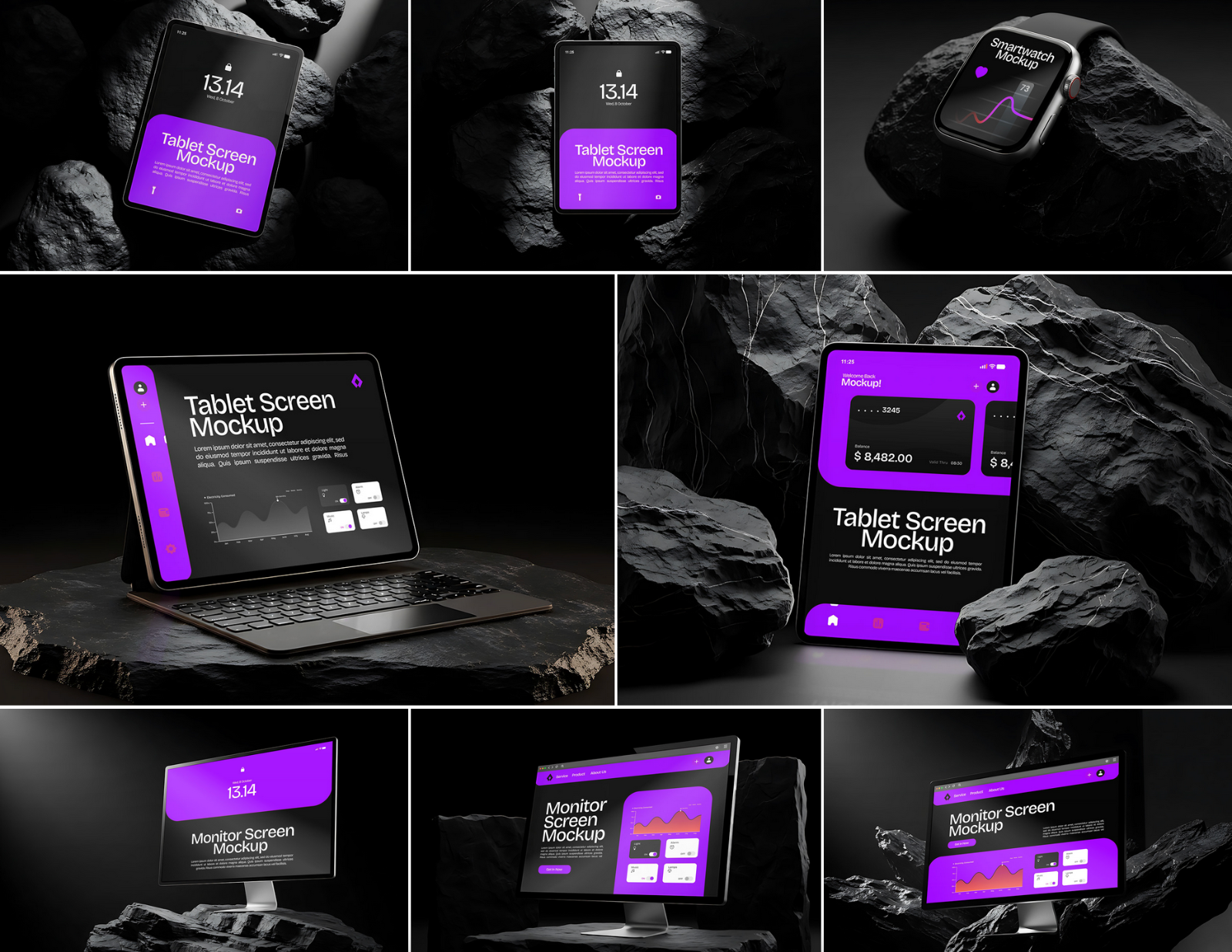 Stone Devices Mockup Bundle – 20 PSD Templates for Tech & UI Presentation Design