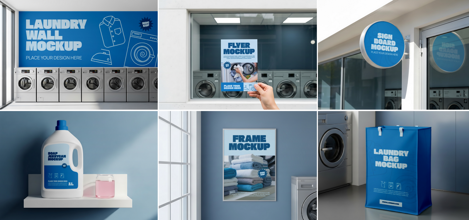 Laundry Shop Mockup Bundle – 15 PSD Templates for Branding, Packaging, and Interior Display