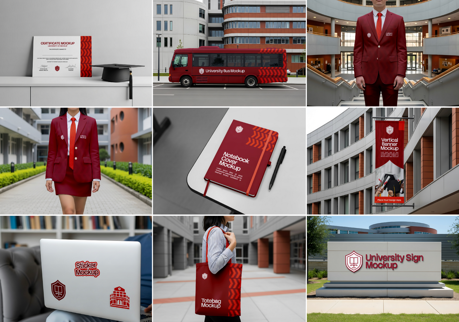University Branding Mockup Bundle – 15 PSD Templates for Campus Signage, Uniforms, Posters & Bus Adv