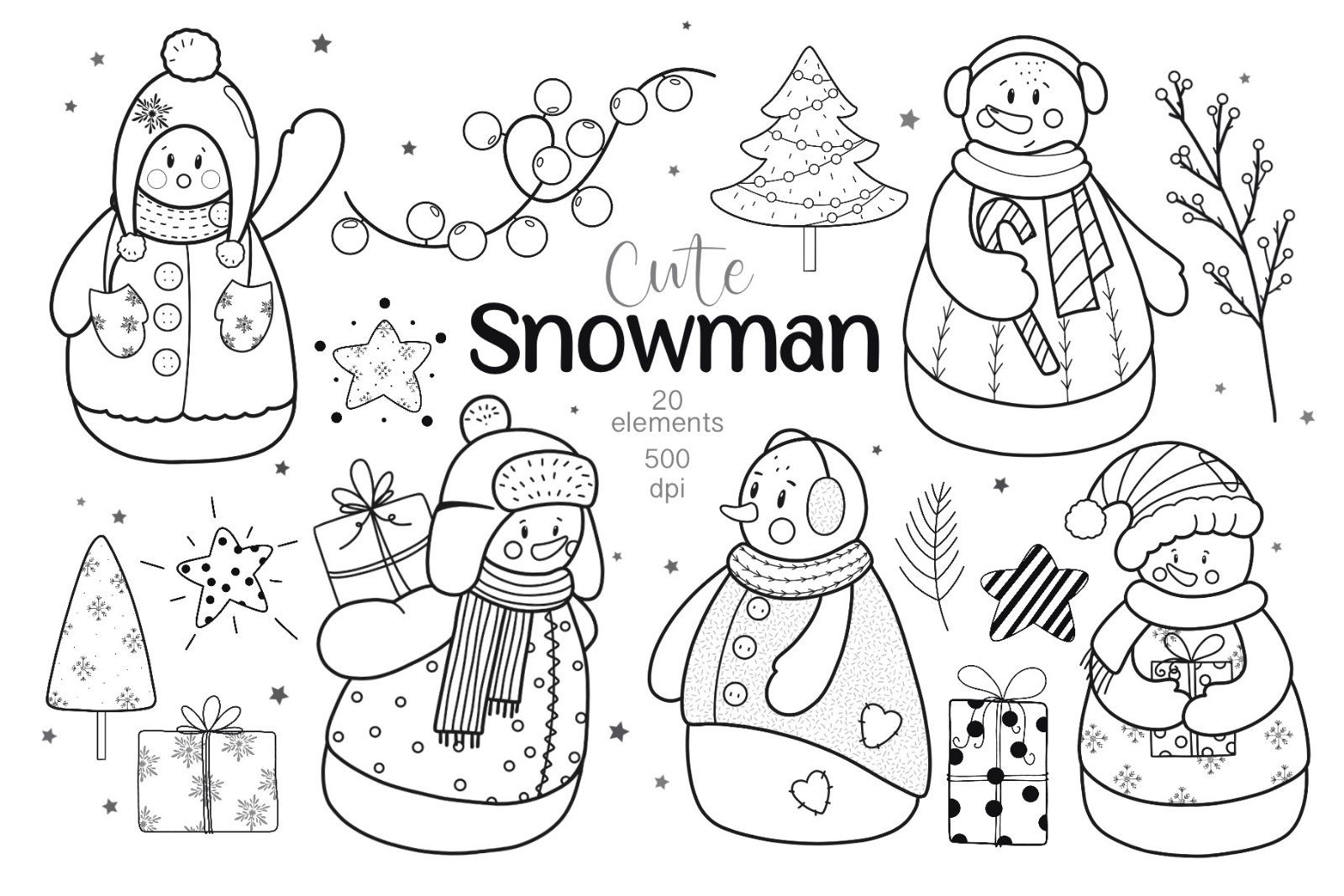Snowman Black and White Clipart: Merry Christmas SVG, Winter PNG