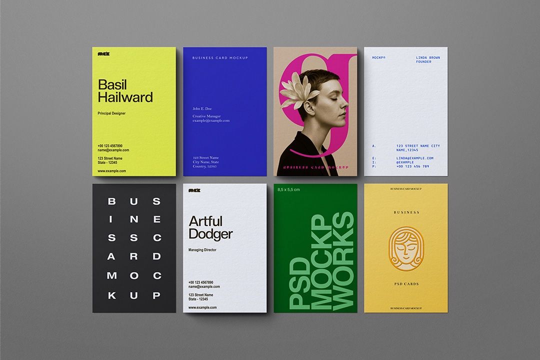 Business Card Mockup – Vertical 8.5 × 5.5 cm (8 Objects)