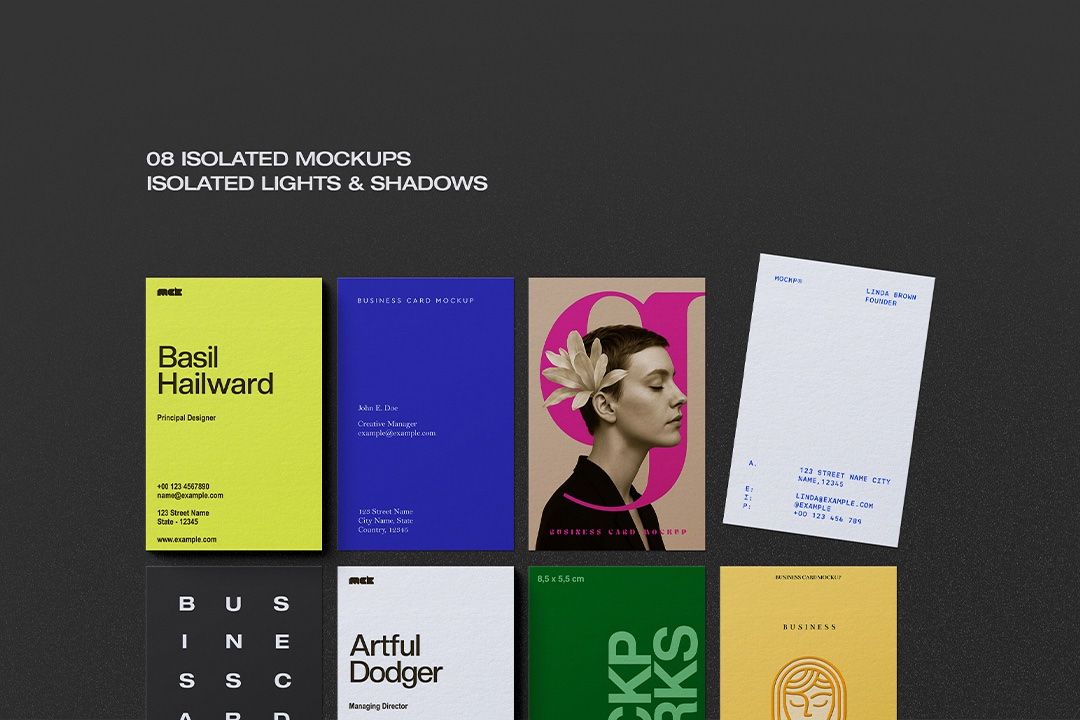 Business Card Mockup – Vertical 8.5 × 5.5 cm (8 Objects)