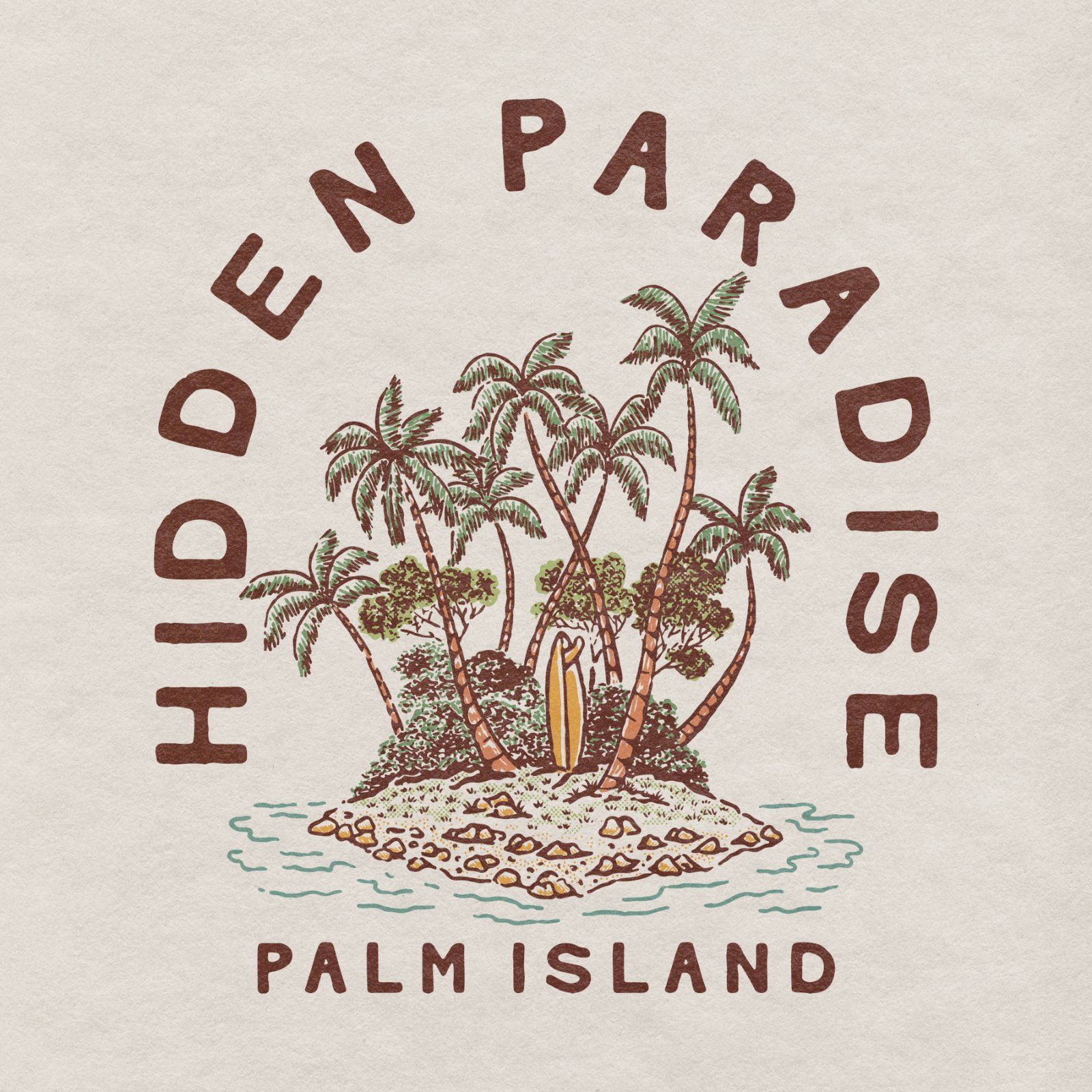 Hidden Paradise Palm Island Vintage Illustration | Tropical Beach Vector Design