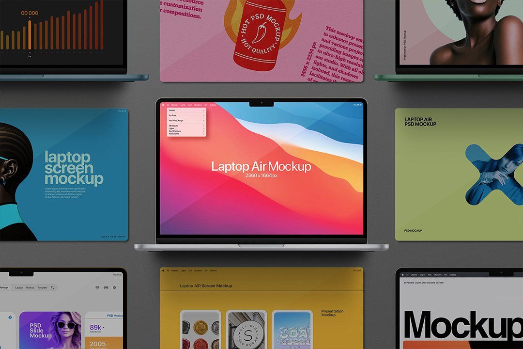 Laptop Mockup – MacBook Air Screen Set (9 Objects)