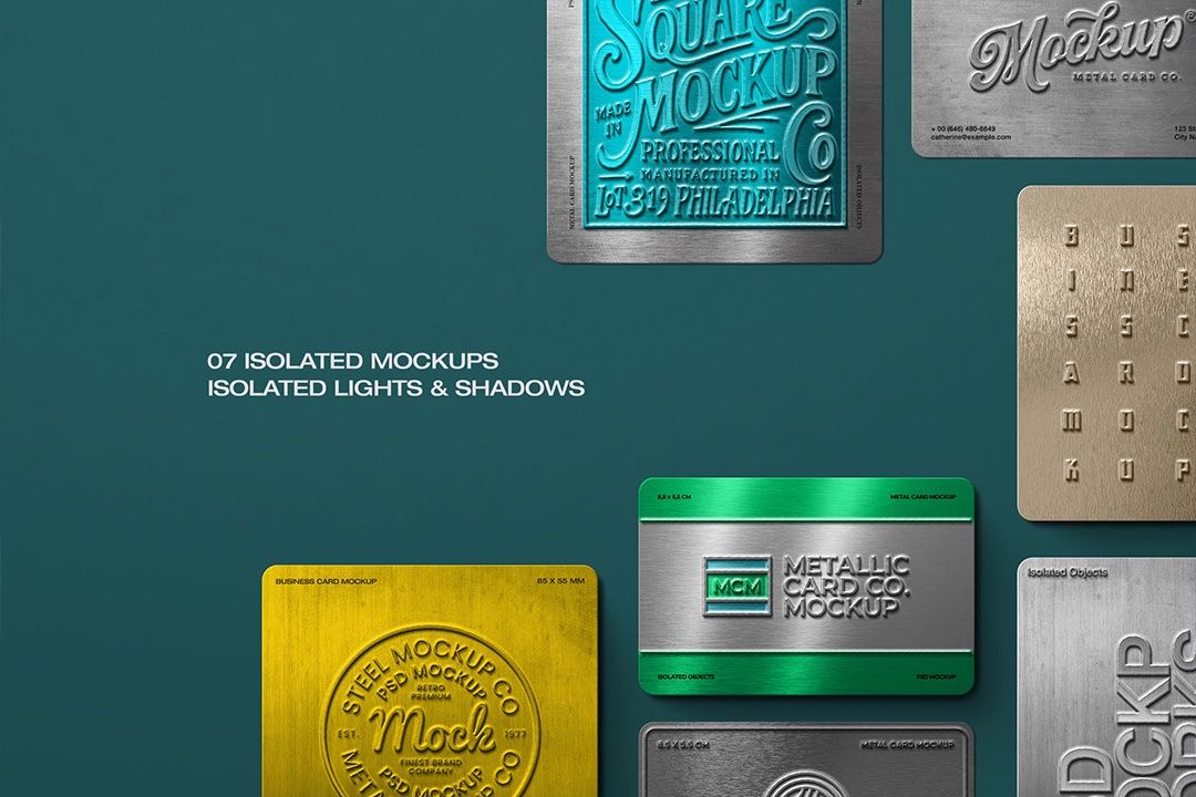 Business Card Mockup - Metal Cards Flat-Lay (7 Objects)