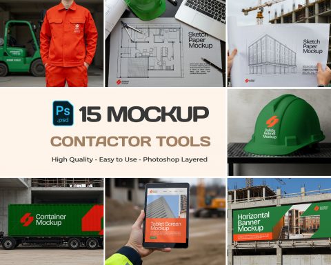 15 Contractor Branding Mockups – PSD Helmet, Sketch Paper, Banner, Uniform & Container Kit