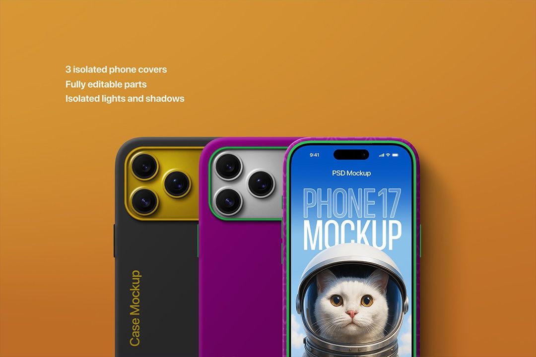 Phone Case Mockup – iPhone 17, Flat-Lay (3 Objects)