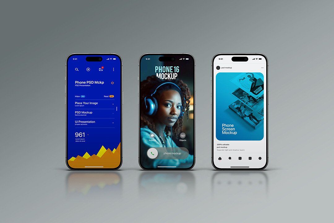 Phone Mockup – iPhone 16 Front-View Set (3 Objects)