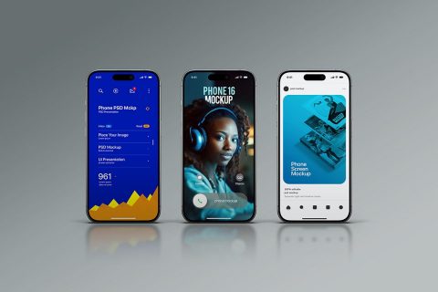 Phone Mockup – iPhone 16 Front-View Set (3 Objects)