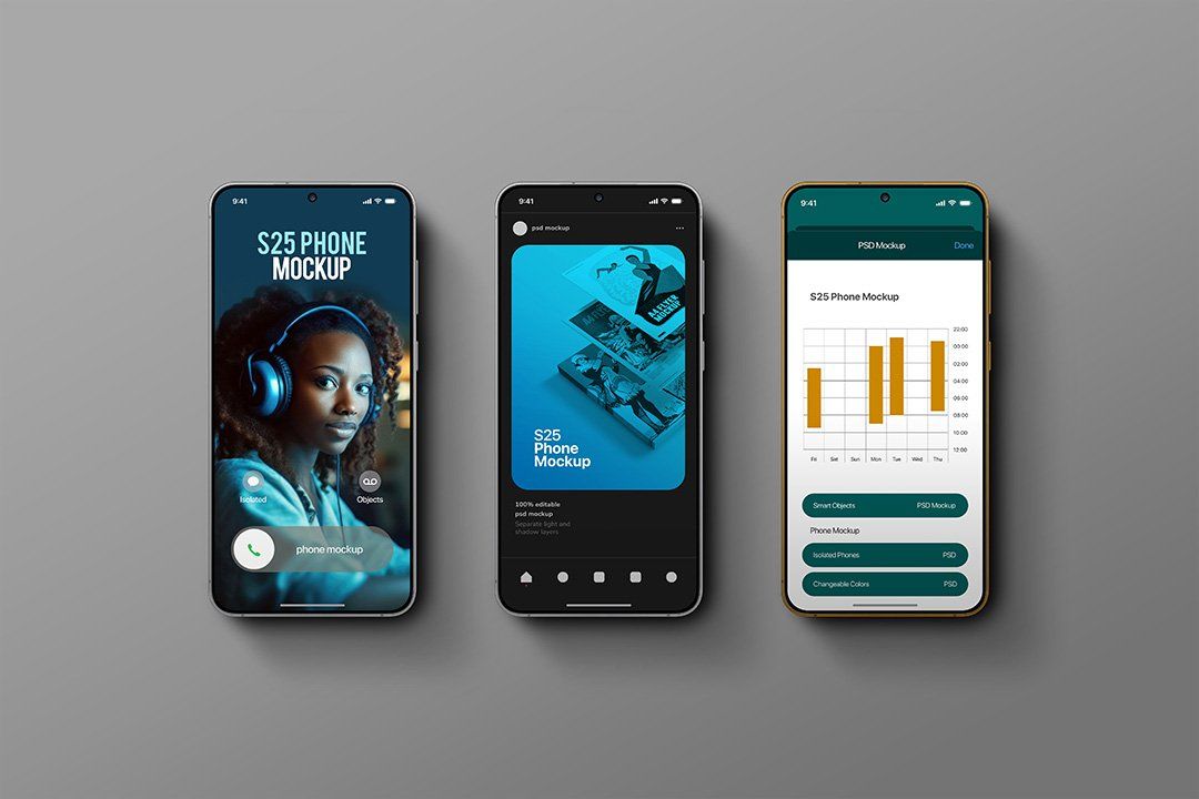 Phone Mockup Set – Galaxy S25 Flat-Lay (3 Objects)