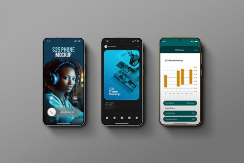 Phone Mockup Set – Galaxy S25 Flat-Lay (3 Objects)