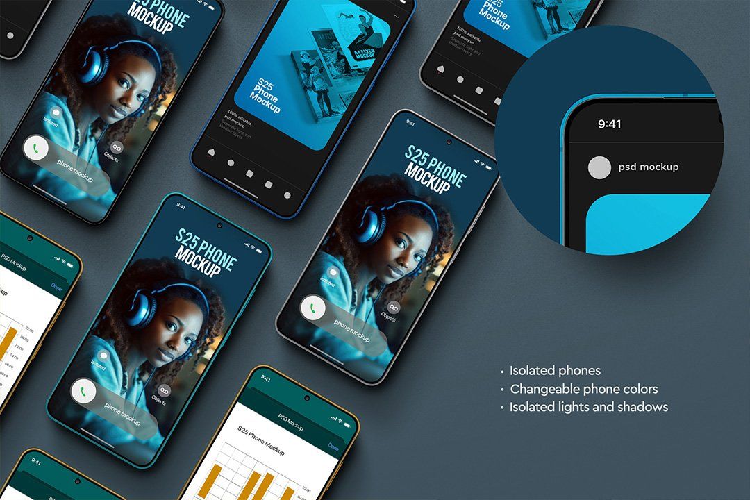 Phone Mockup Set – Galaxy S25 Flat-Lay (3 Objects)