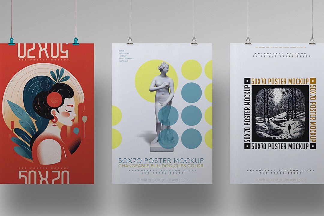 Poster Mockup – Hanging 50×70 cm (3 Objects)