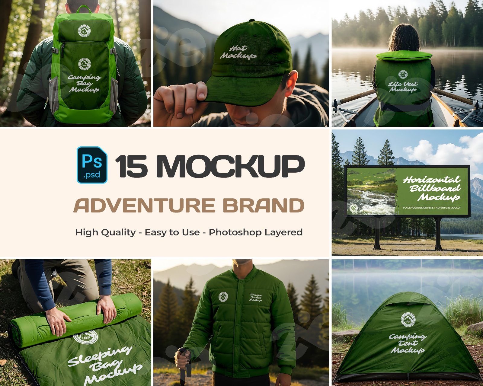 Adventure Brand Mockup Bundle – 15 PSD Templates for Outdoor & Camping Gear Design