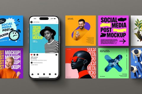Social Media Post Mockup – 1080×1080 & iPhone 16 (9 Objects)